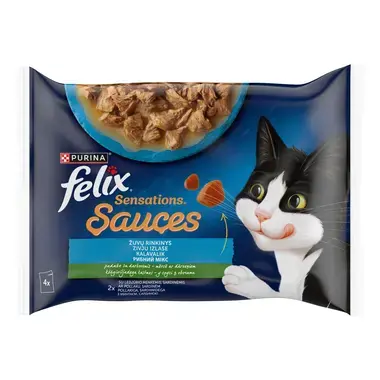 FELIX SENSATIONS Fish Selection visavertis šlapiasis ėdalas suaugusioms katėms su padažu 4x85g