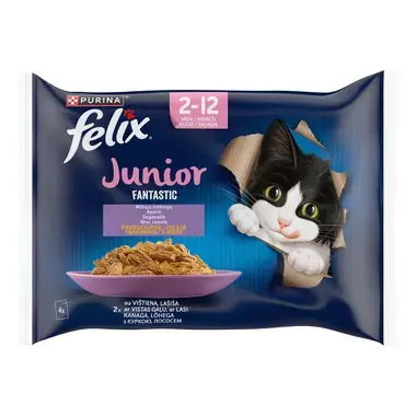FELIX FANTASTIC Junior visavertis šlapiasis ėdalas jauniems kačiukams su vištiena ir su lašišomis drebučiuose 4x85g