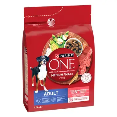 Purina ONE® Medium / Maxi > 10 kg suaugusiems šunims, su jautiena ir ryžiais