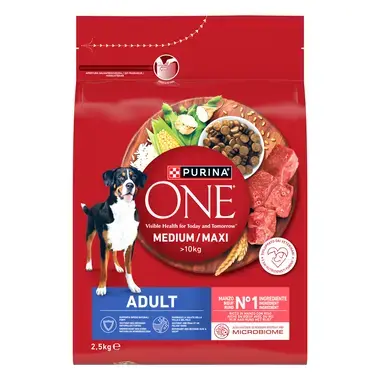 Purina ONE® Medium / Maxi > 10 kg suaugusiems šunims, su jautiena ir ryžiais