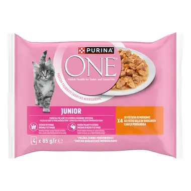 Šlapiasis kačių ėdalas PURINA ONE® SENSITIVE, mini filė švelniame padaže, su vištiena ir tunais