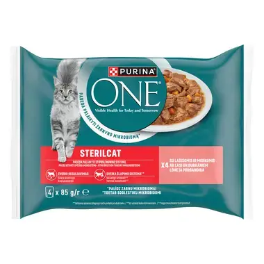 Šlapiasis kačių ėdalas PURINA ONE® STERILCAT, mini filė padaže, su lašišomis ir morkomis