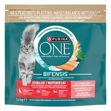 Sausasis kačių ėdalas PURINA ONE® STERILCAT, sudėtyje gausu lašišų