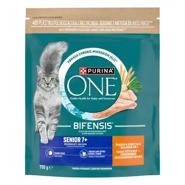 Sausasis kačių ėdalas PURINA ONE® SENIOR 7+, sudėtyje gausu vištienos