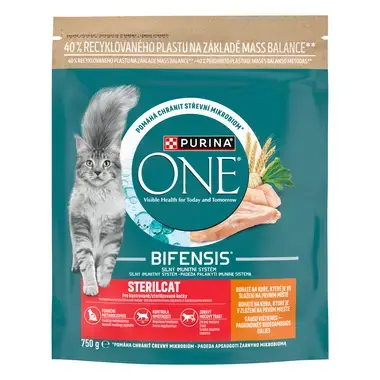 Sausasis kačių ėdalas „Purina ONE® STERILCAT“, sudėtyje gausu vištienos